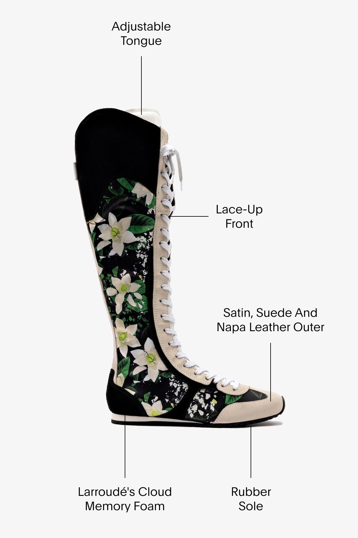 Larroudé x Jonathan Cohen Black Gardenias Satin & Suede Flat Hi Sneaker Boot - Stylish Women's Fashion Shoes for Casual Wear & Night Out