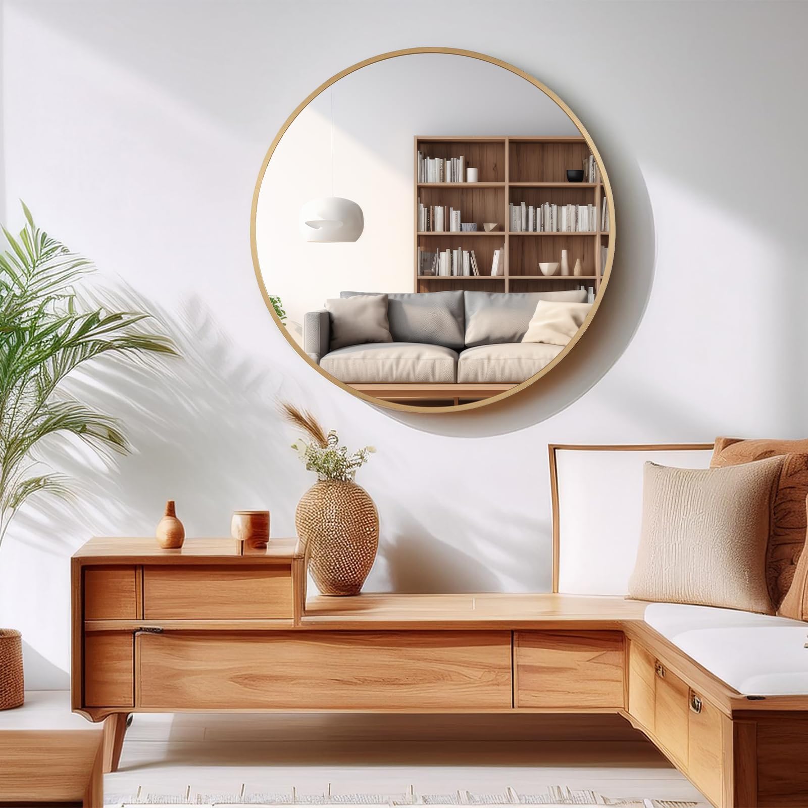 42 Inch Large Round Wall Mirror - HD Gold Circle Mirror for Home Decor, Modern Metal Frame Circular Vanity Mirror - Perfect for Bathroom, Entryway, Hallway & Over Sink - Easy to Install & Stylish Accent Piece