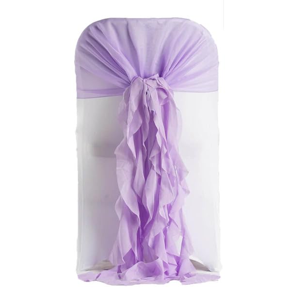 50 Premium Lavender Curly Chiffon Chair Covers with Sashes - Elegant Wedding, Party & Reception Decorations for Ceremonies, Banquets and Special Events