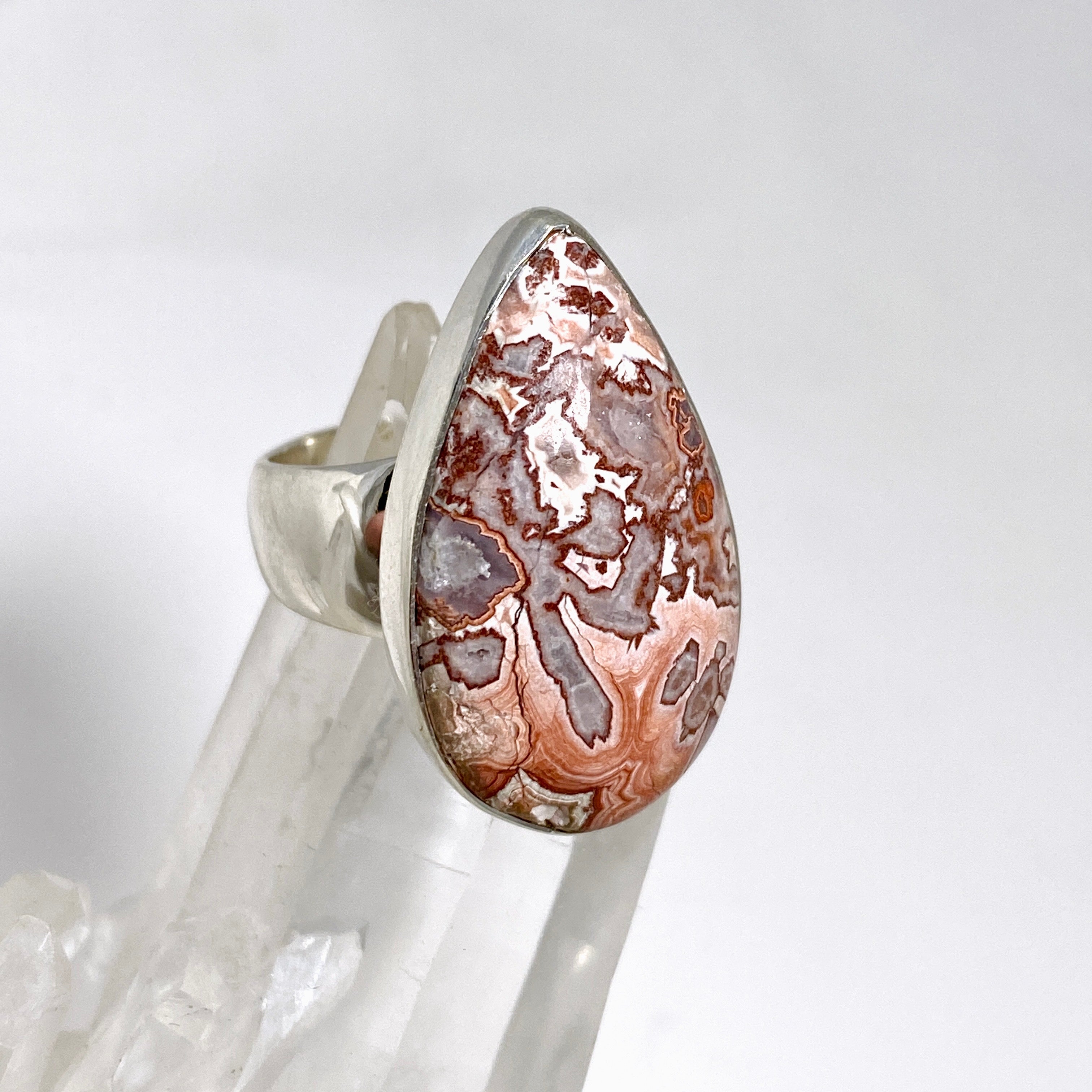 Crazy Lace Agate Rosetta Stone Teardrop Ring - Size 7 Sterling Silver Jewelry KRGJ3267 - Perfect for Boho Fashion, Gift Giving & Special Occasions