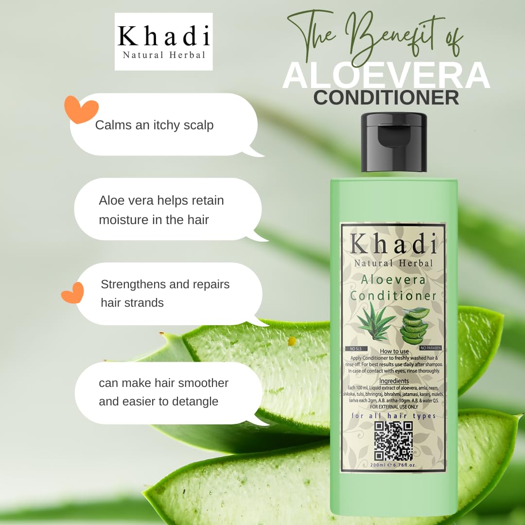 Khadi Natural Herbal Aloe Vera Hair Conditioner for Hair Growth & Damage Repair - Sulfate-Free, Paraben-Free Formula for Curly, Dry & Frizzy Hair - Controls Hair Fall & Adds Shine (200ml, 1 Count) - Perfect for Daily Hair Care & Salon-Quality Results at Home