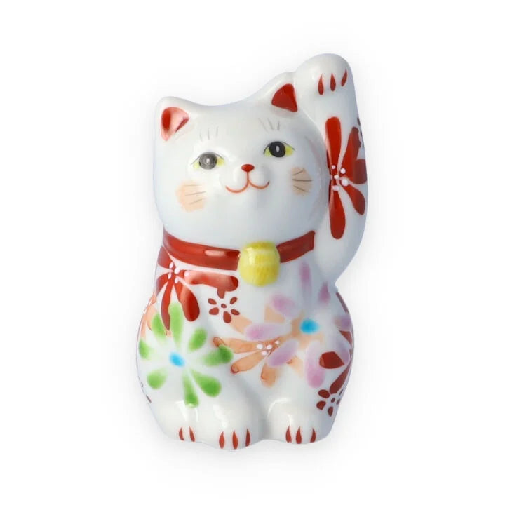 Authentic Kutani Yaki Japanese Maneki Neko Beckoning Cat Statue - Lucky Fortune Cat Figurine in Vibrant Red & Floral Design | Perfect for Home Decor, Office Feng Shui & Japanese Culture Enthusiasts