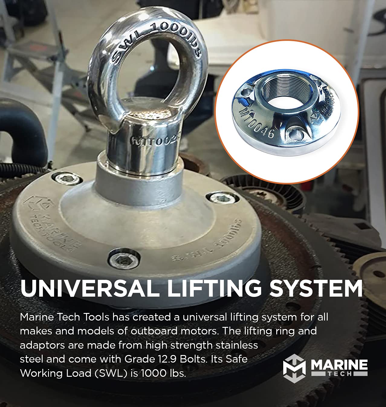 OMC & BRP Lifting Adapter (AMT0046) - Marine Tech Tools Flywheel Bolt-On Adapter for Outboard Motors, Compatible with Universal Lifting Ring (AMT0022) - Perfect for Boat Engine Maintenance & Marine Repair