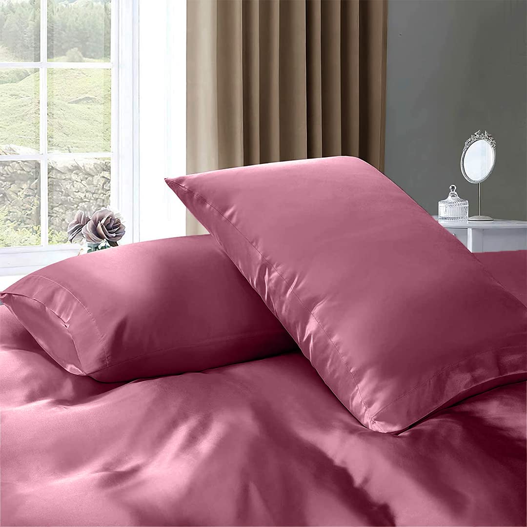 Luxury 7-Piece Full XL Silk Satin Sheet Set - Breathable Cooling Bedding with Deep Pockets - Wrinkle Free Hotel Quality Duvet Cover & Pillowcases - Dusty Pink - Perfect for Hot Sleepers & Upscale Bedroom Decor