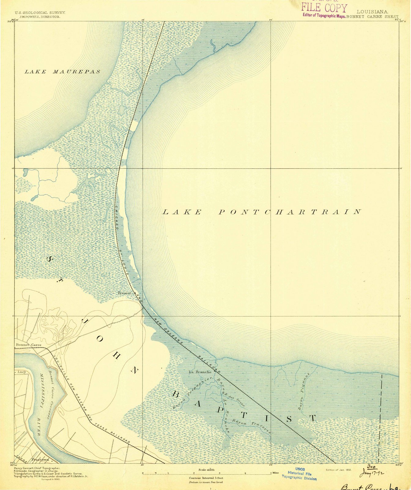 1892 Bonnet Carre Louisiana USGS Historical Topographic Map - 44x53 Inch Large Vintage Wall Art Decor for Home Office & Classroom | Antique Map of Louisiana USA