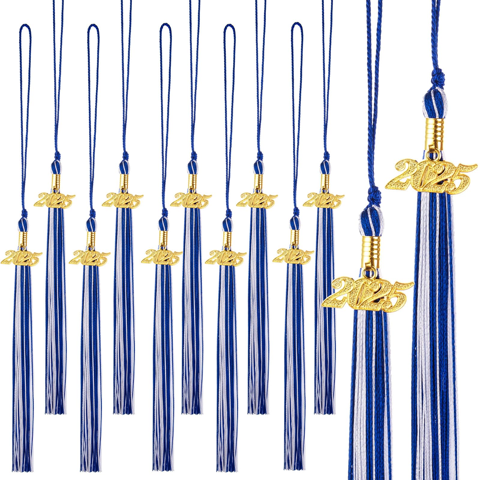 2025 Graduation Tassel Set - 12 Pack with Charm for Graduation Cap Decorations | Blue & White Tassels for Graduation Ceremony & Party Supplies | High School & College Commencement Accessories