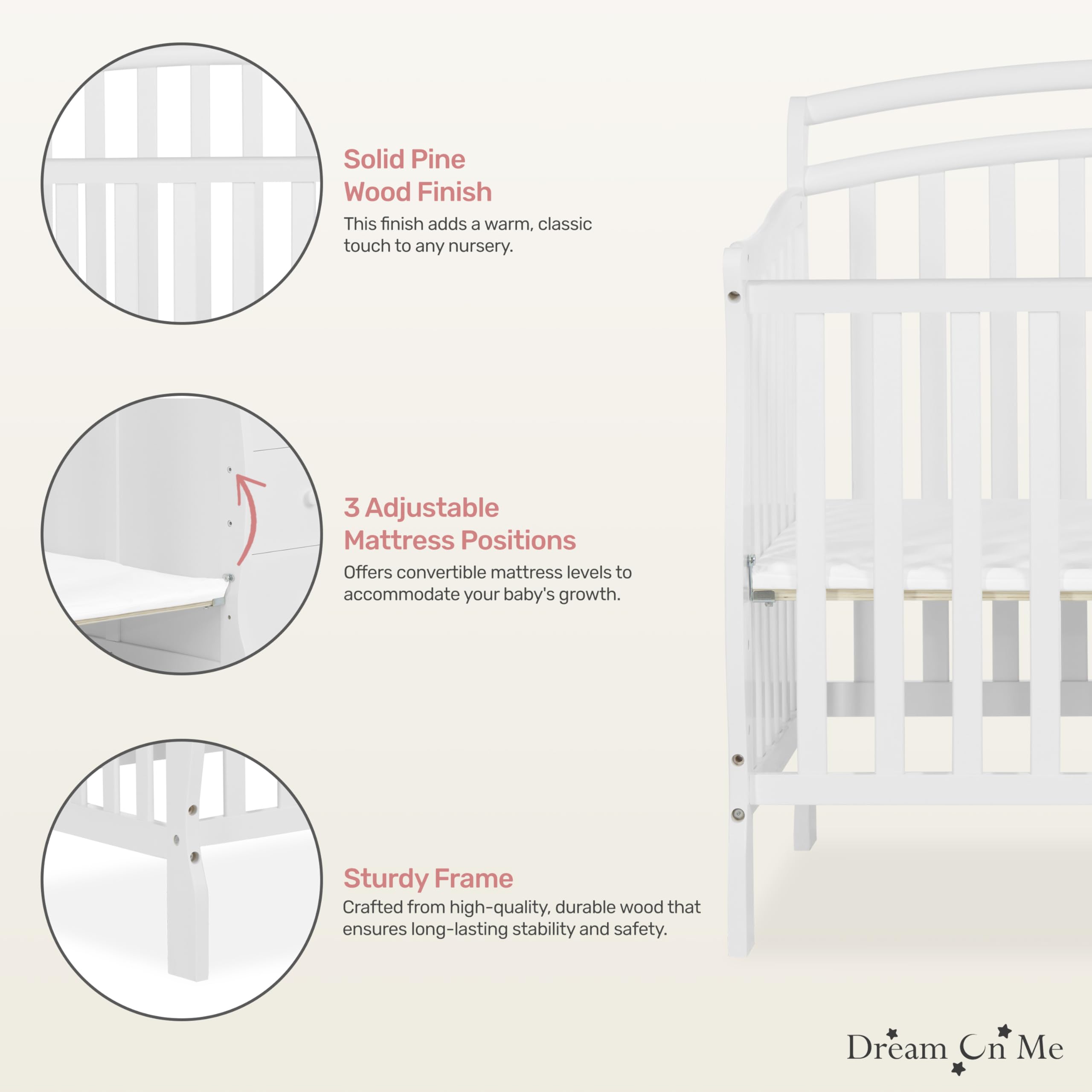 Dream On Me Casco 3-in-1 Convertible Mini Crib & Changing Table - White Pinewood Baby Crib with 3 Adjustable Mattress Heights | Nursery, Bedroom & Travel Use