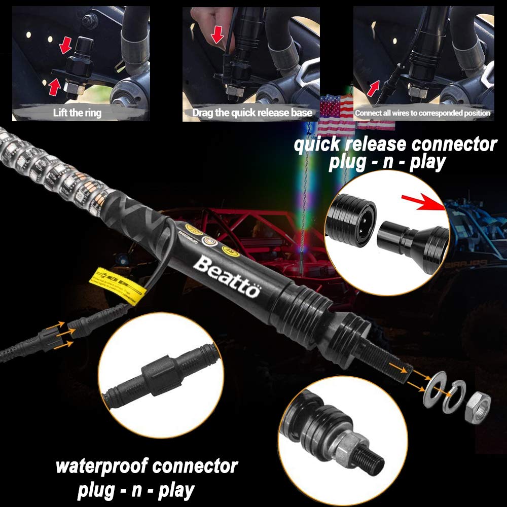 2PCS 4FT(1.2M) RF Remote Control RGB LED Whip Lights with Dancing/Chasing Effects - Waterproof LED Antenna Lights for Off-Road Vehicles, ATV, UTV, RZR, Jeep, Trucks - Perfect for Night Rides, Dune Bashing & Outdoor Adventures
