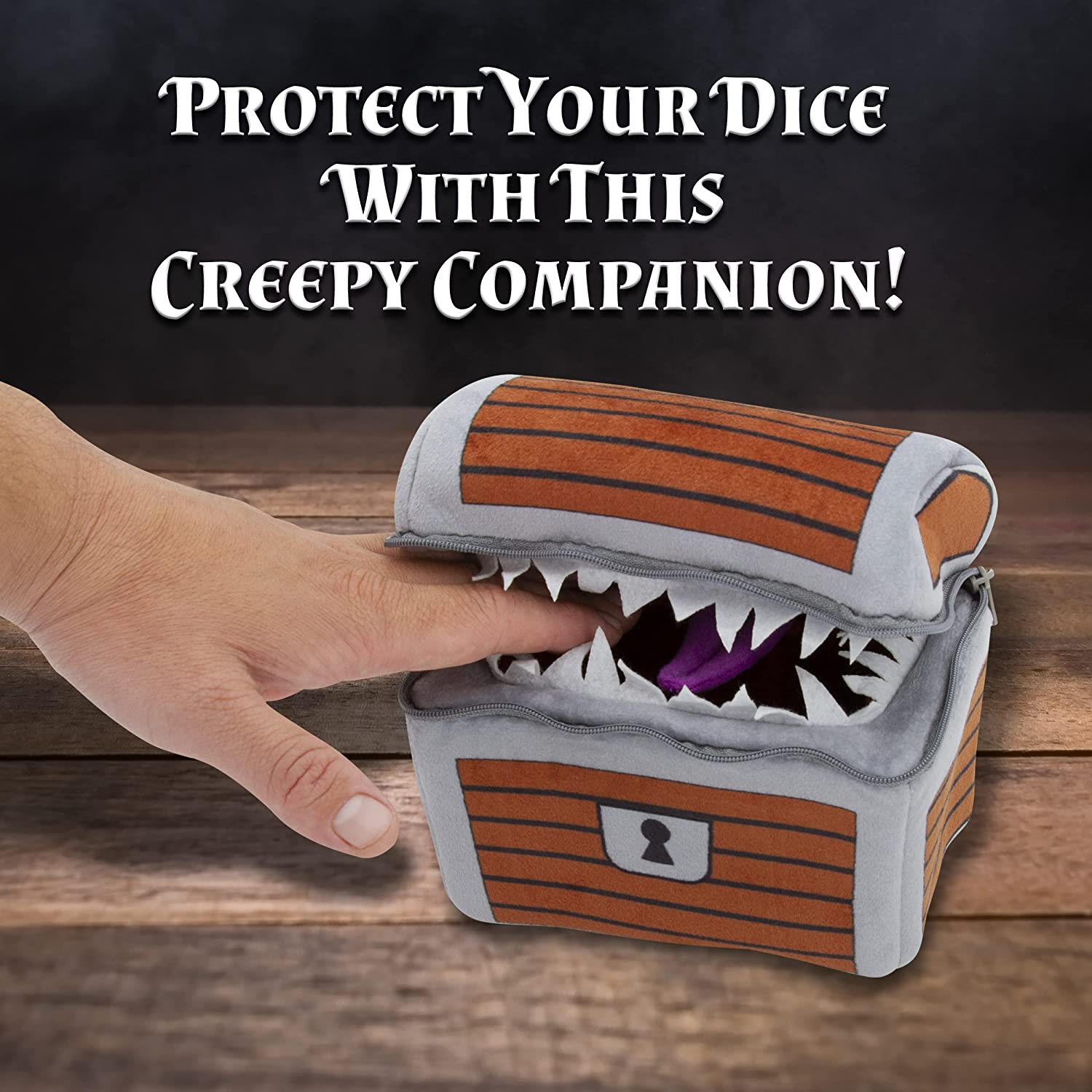 CASEMATIX Mimic Dice Chest & Dice Jail - 6.5 Inch Plush RPG Dice Storage Bag with Zipper & Carabiner - Holds 150 Dice (7 RPG Dice Included) - Perfect for D&D, Pathfinder & Tabletop Gaming Adventures