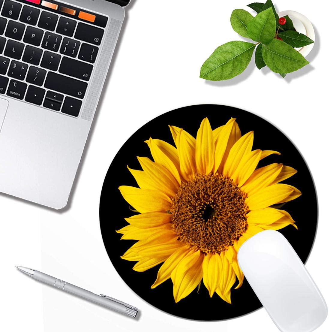 Sunflower on Black Round Non-Slip Rubber Mouse Pad - Cute Office & Laptop Computer Desk Accessory with Custom Design - Perfect for Work, Gaming & Home Decor