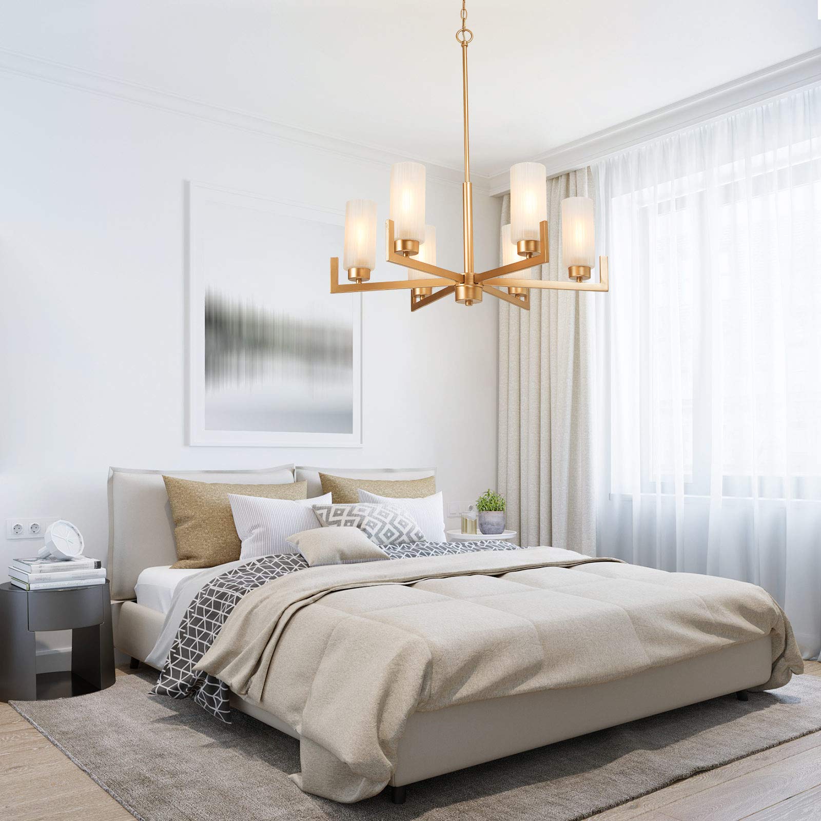 6-Light Gold Chandelier with White Frosted Glass Shades - Modern Crystal Ceiling Light Fixture for Dining Room, Living Room, Kitchen & Bedroom - Perfect for Home Decor, Wedding & Restaurant Lighting
