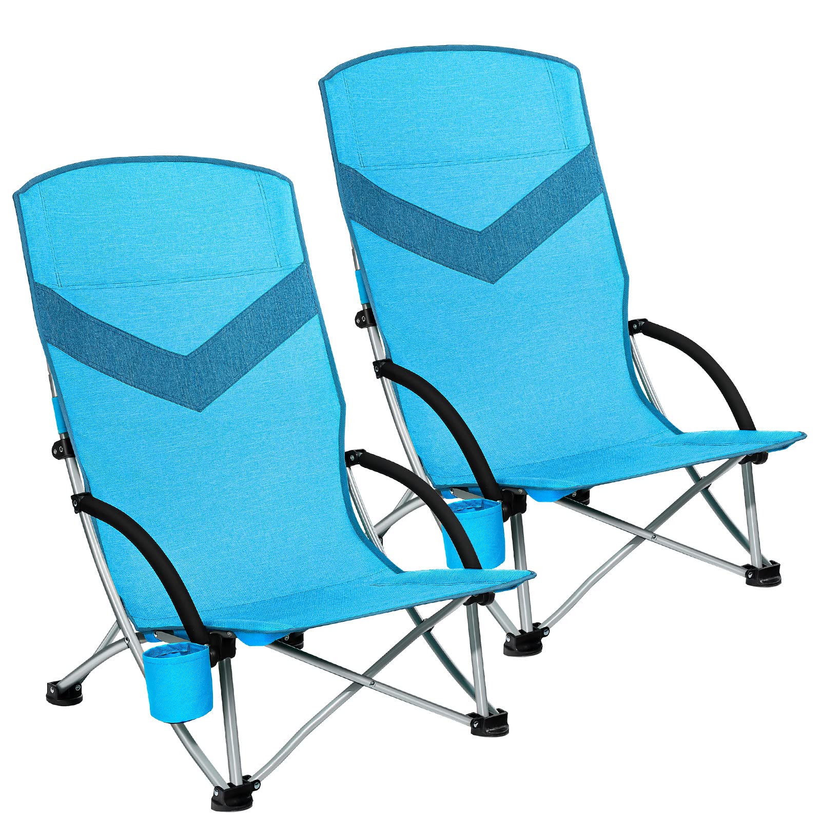 2 Pack Lightweight High Back Folding Beach Chairs for Adults - Portable Camping Chairs with Cup Holder, Heavy Duty Supports 300lbs for Outdoor, Lawn, Travel & Sports | Perfect for Beach Vacation, Backyard Relaxation and Picnic