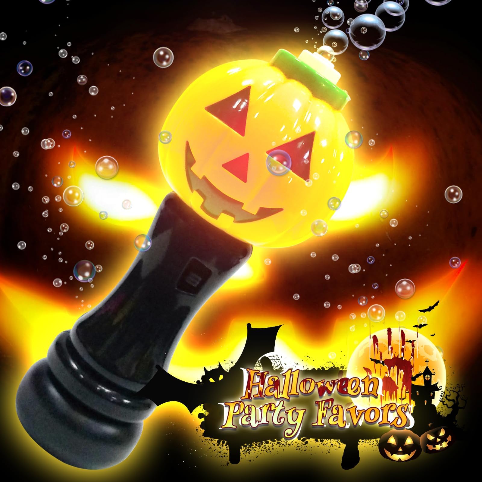 Halloween Bubble Blower Wand - 2 Pack Automatic Light Up Handheld Bubble Machine with Pumpkin & Science Freak Design, Kids Halloween Party Favors & Outdoor Play Toys for Trick-or-Treating, Backyard Parties & Festive Celebrations
