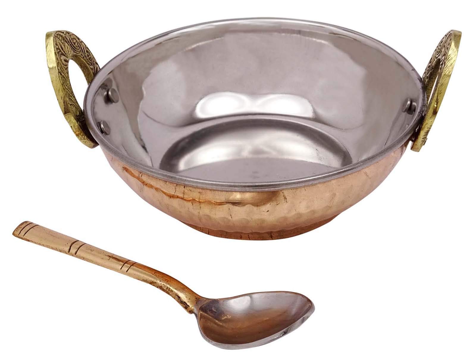 Authentic Indian Copper Steel Karahi with Spoon - Traditional Serveware for Curry, Biryani & Stews - Perfect for Dinnerware, Party Serving & Home Cooking