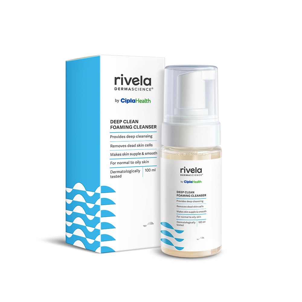 Rivela Dermascience Deep Clean Foaming Facial Cleanser by Cipla - Exfoliating Face Wash for Normal to Oily Skin | Removes Dead Skin Cells, Hydrates & Smooths Skin | 100ml | Perfect for Daily Skincare Routine & Acne-Prone Skin