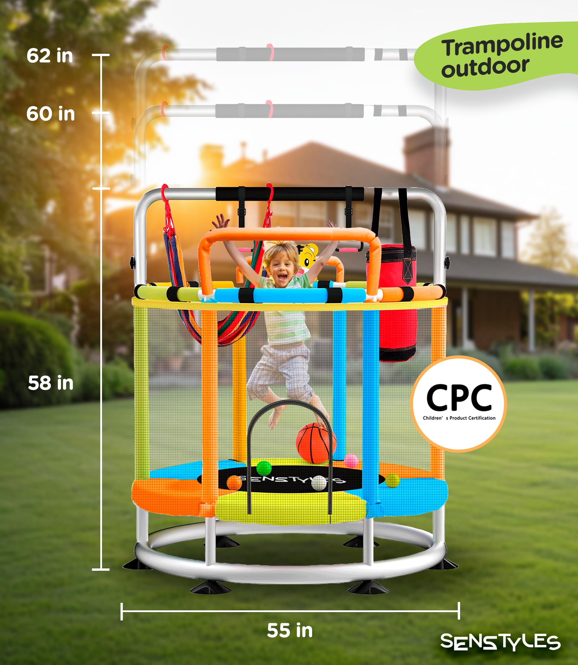 Kids Trampoline with Anti-Rollover Round Base & Double Safety Handles - Indoor/Outdoor Toddler Jumping Toy for Backyard, Playroom & Birthday Gifts