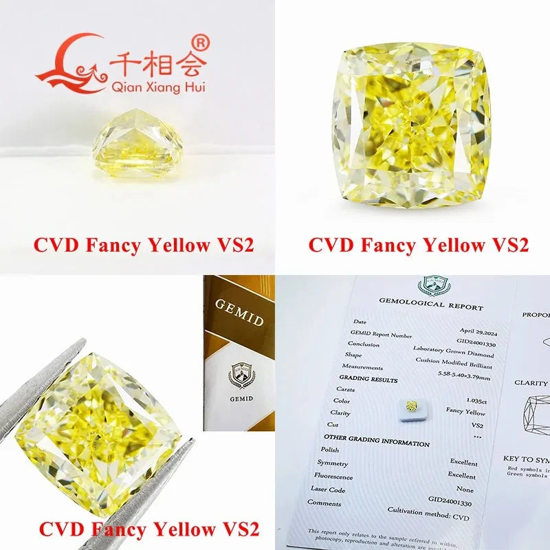 1ct VS2 Clarity Fancy Yellow CVD Lab Grown Diamond - Cushion Shape, GEMID Certified Loose Stone for Engagement Rings & Fine Jewelry