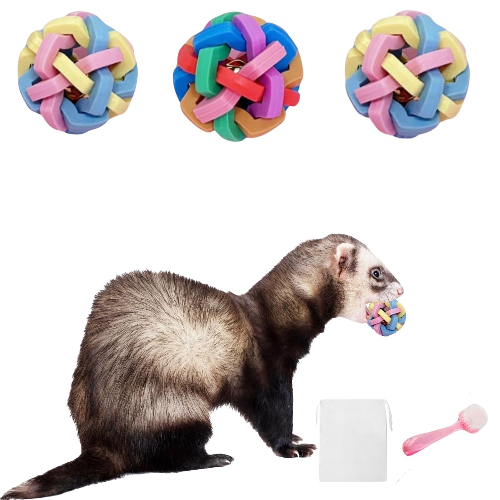 3Pcs Ferret Cat Ball Toys - Colorful Bouncy Rubber Interactive Ball with Bell, Exercise Scratch Chew Toys for Indoor Pet Ferret, Cat, Dog, Bunny - Perfect for Playtime, Training & Mental Stimulation