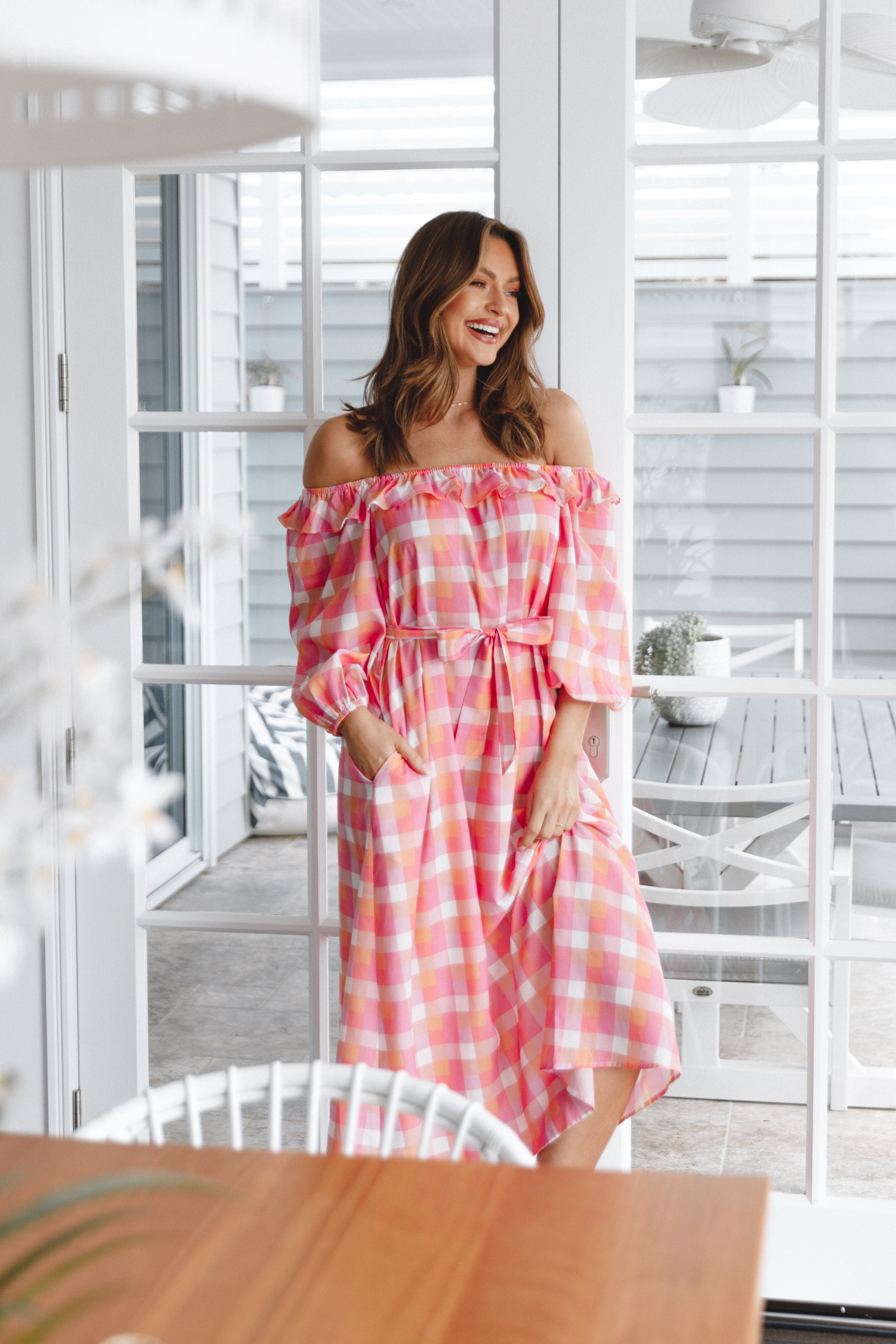 Georgia Off Shoulder Midi Dress - Pink Gingham Floral Summer Dress for Women, Perfect for Beach Vacation, Date Night & Outdoor Parties