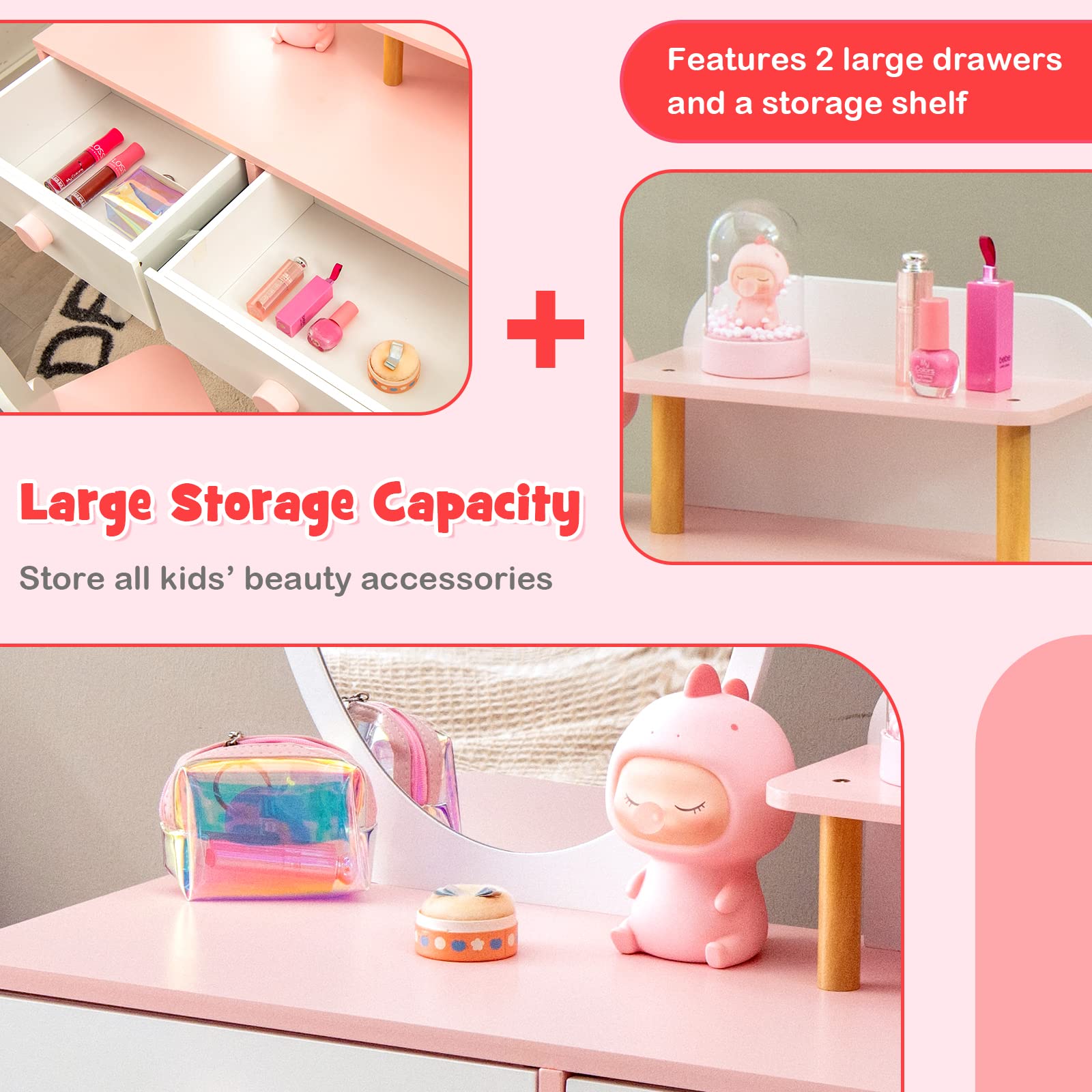 **White Kids Vanity Set with Mirror, Storage Shelf & 2 Large Drawers - Princess Dressing Table & Toddler Makeup Vanity for Girls - Perfect for Playroom, Bedroom & Birthday Gifts**