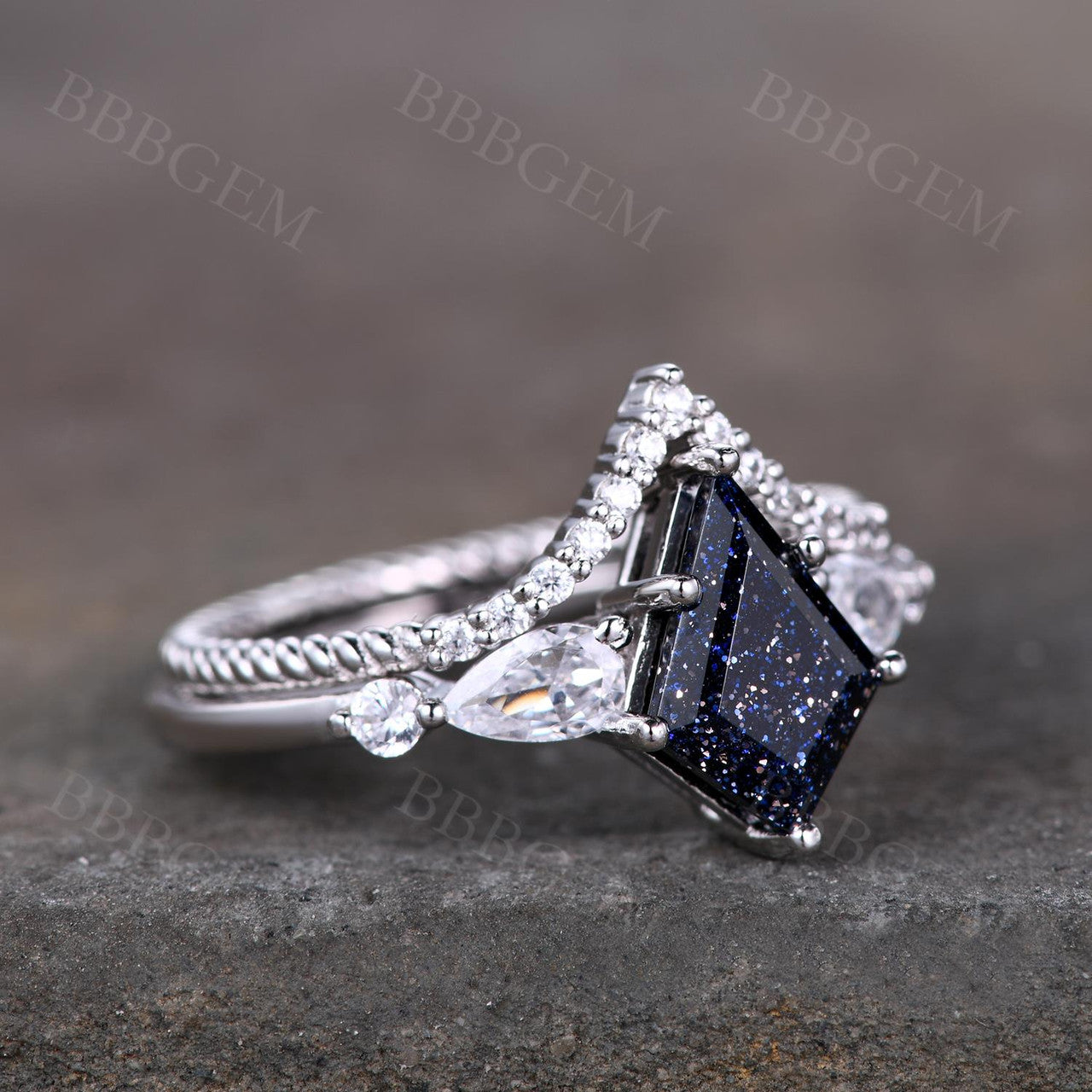 10x7mm Kite Cut Blue Sandstone Engagement Ring with Curved Moissanite Matching Band in 14K White Gold - Perfect for Weddings, Proposals & Anniversary Gifts