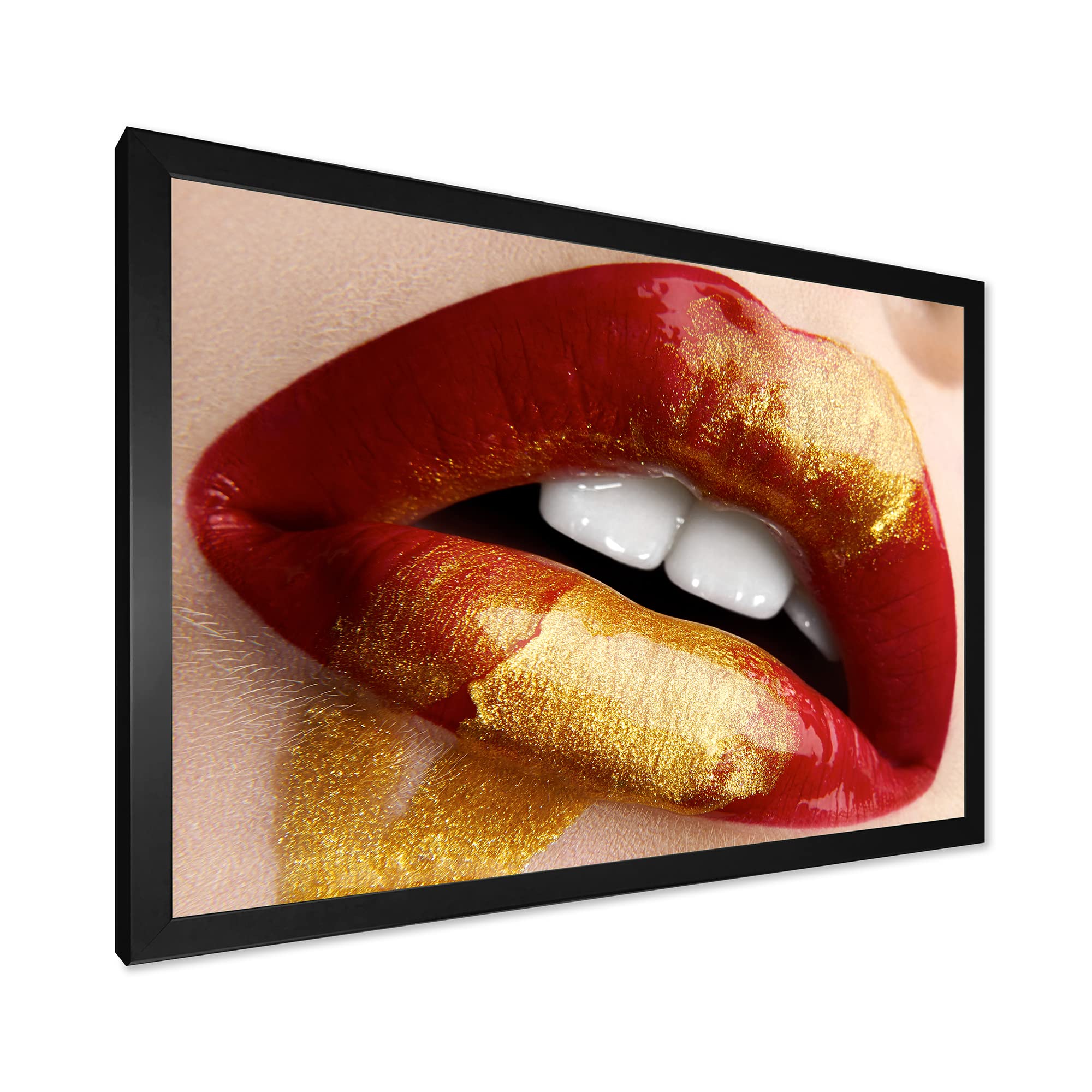 Plump Woman Lips Red Gold Modern Framed Wall Art - Elegant Home Decor for Living Room, Bedroom & Office