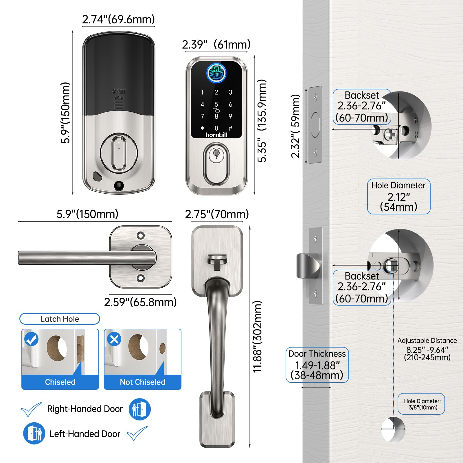 WiFi Fingerprint Smart Door Lock - Keyless Entry Deadbolt with Handle, Biometric Bluetooth Keypad Lock for Front Door & Entry Door - Satin Nickel Finish | Secure Home, Office & Vacation Rental Access