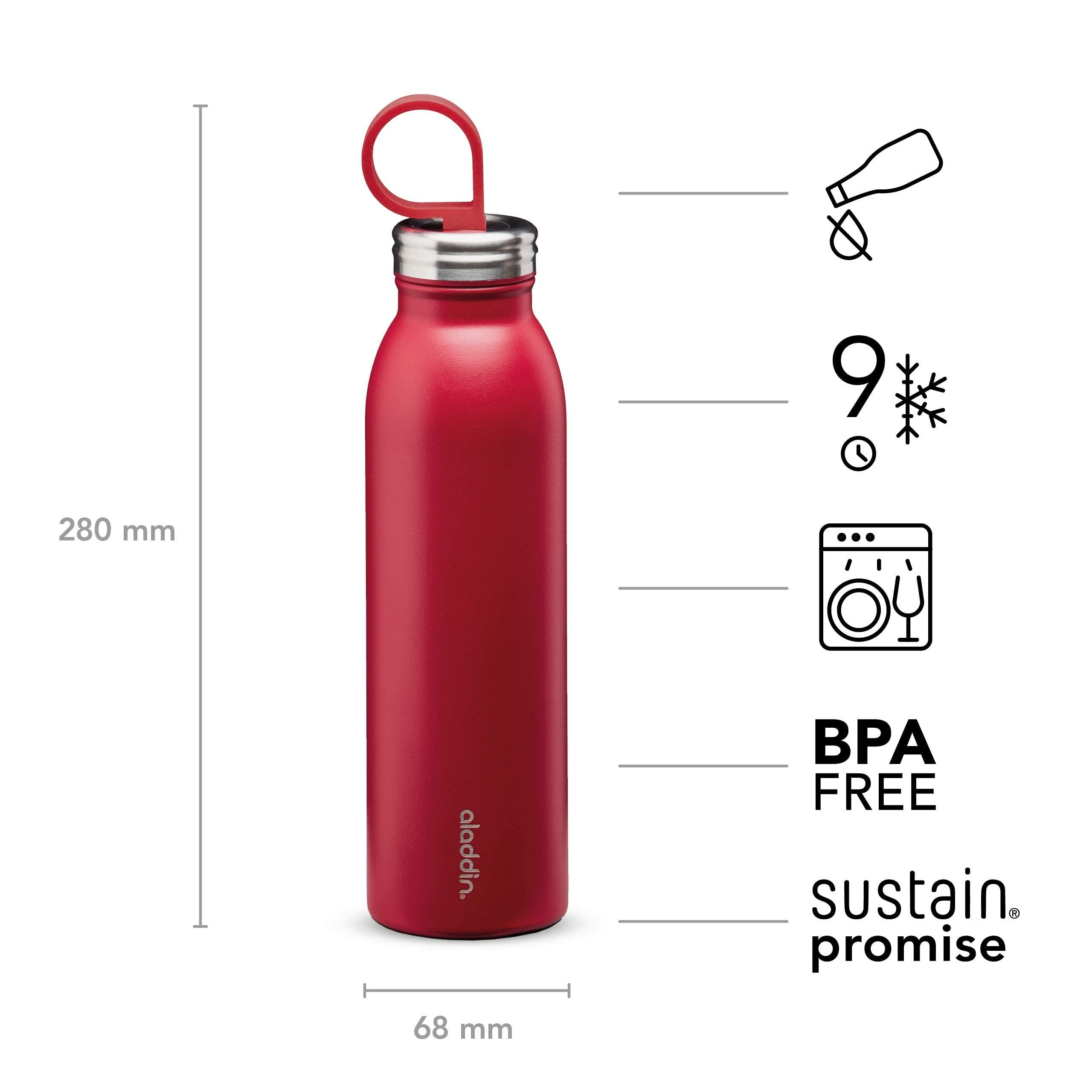 Aladdin Chilled Thermavac 18oz Stainless Steel Water Bottle - Cherry Red Insulated Thermos - Keeps Drinks Cold for 9 Hours - BPA-Free, Leakproof & Dishwasher Safe - Perfect for Hiking, Gym & Office Use