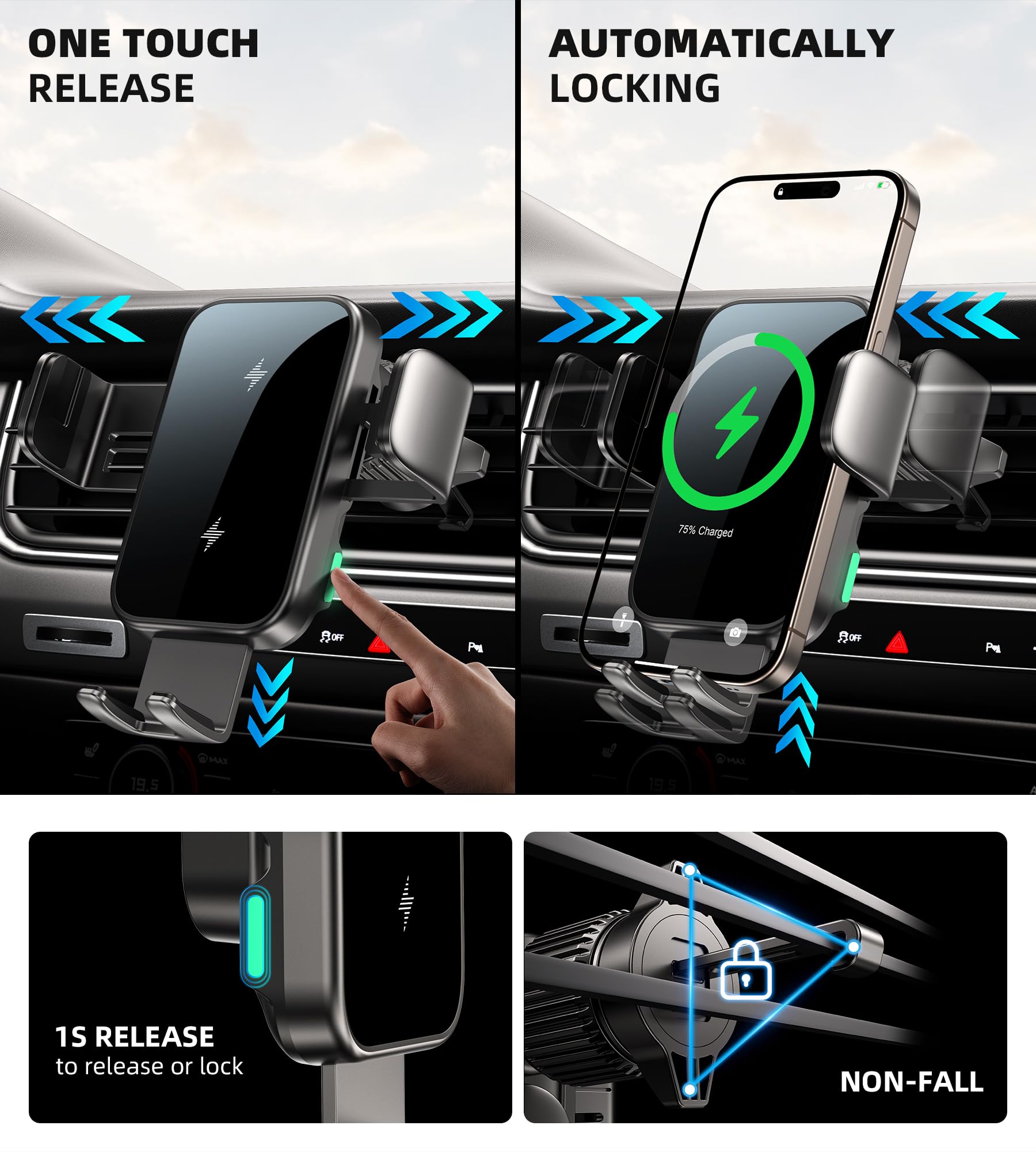 15W Dual Coil Wireless Car Cup Holder Phone Charger - Auto-Clamping Fast Charging Vent Mount with 360° Rotation for iPhone 15/14/13 & Samsung Galaxy S25/S24/S23 - Perfect for Road Trips & Commuting