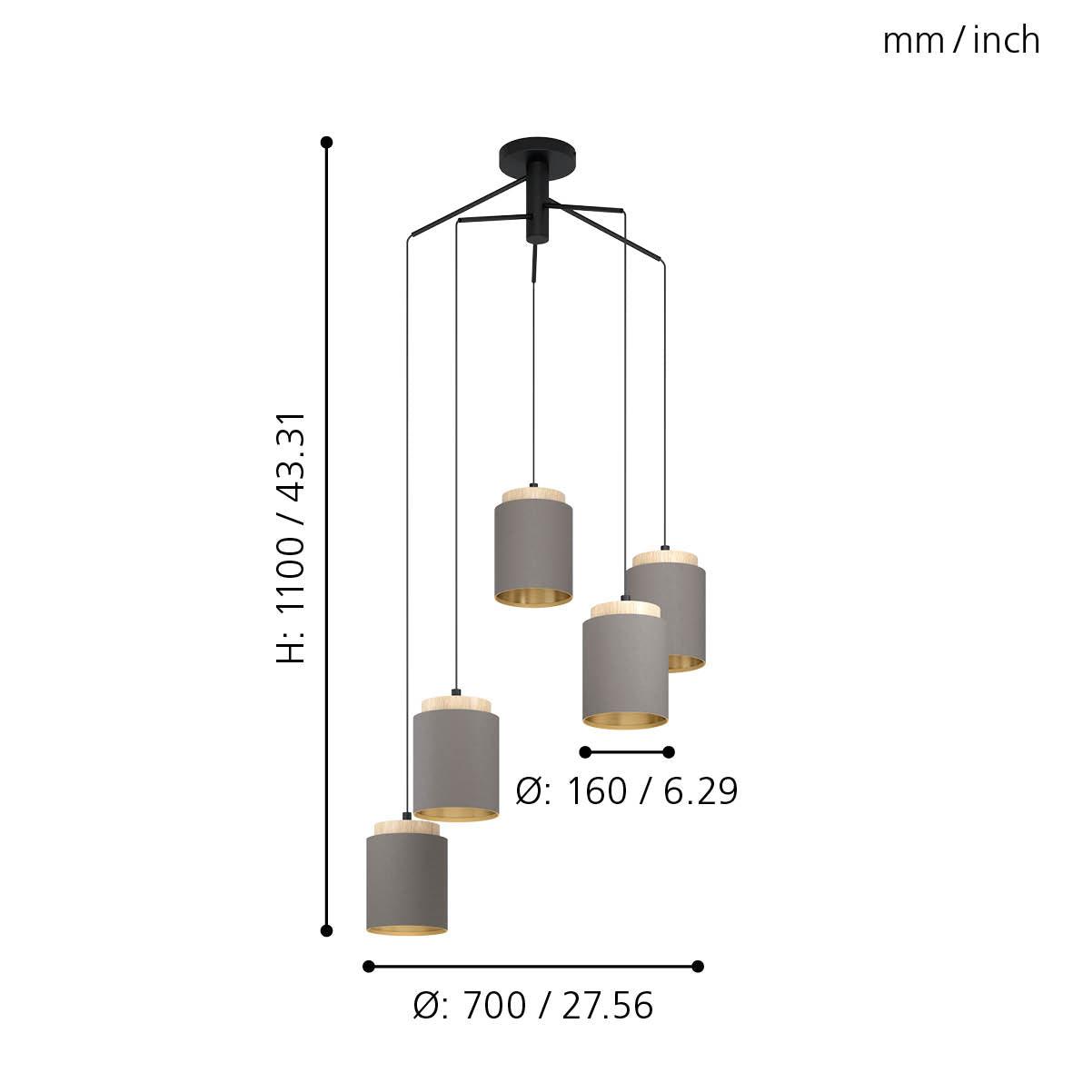 Eglo Albariza 5-Light Ceiling Pendant Lamp - Brown & Gold Fabric Shade - Modern Dining Room & Kitchen Island Lighting Fixture