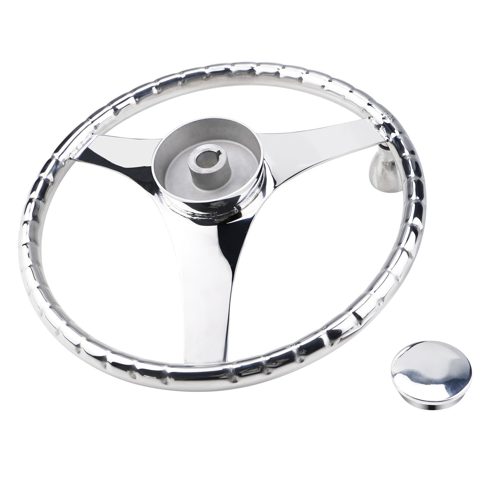 YaeMarine 13.5 Inch Stainless Steel Marine Boat Steering Wheel - 3 Spoke Sports Design with Finger Grips, Control Knob & Cap | Perfect for Sailboats, Yachts & Powerboats
