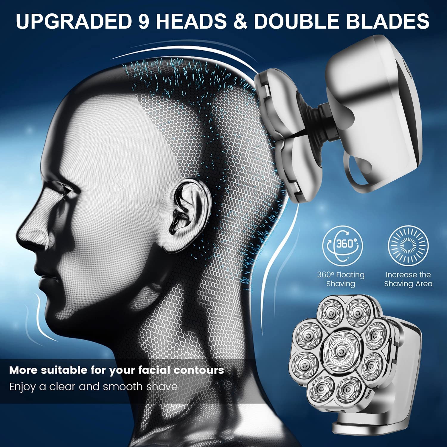 9D Cordless Rechargeable Head Shaver for Bald Men - IPX7 Waterproof LED Head Razor for Smooth Shaving | Perfect for Travel, Gym & Daily Grooming Routine