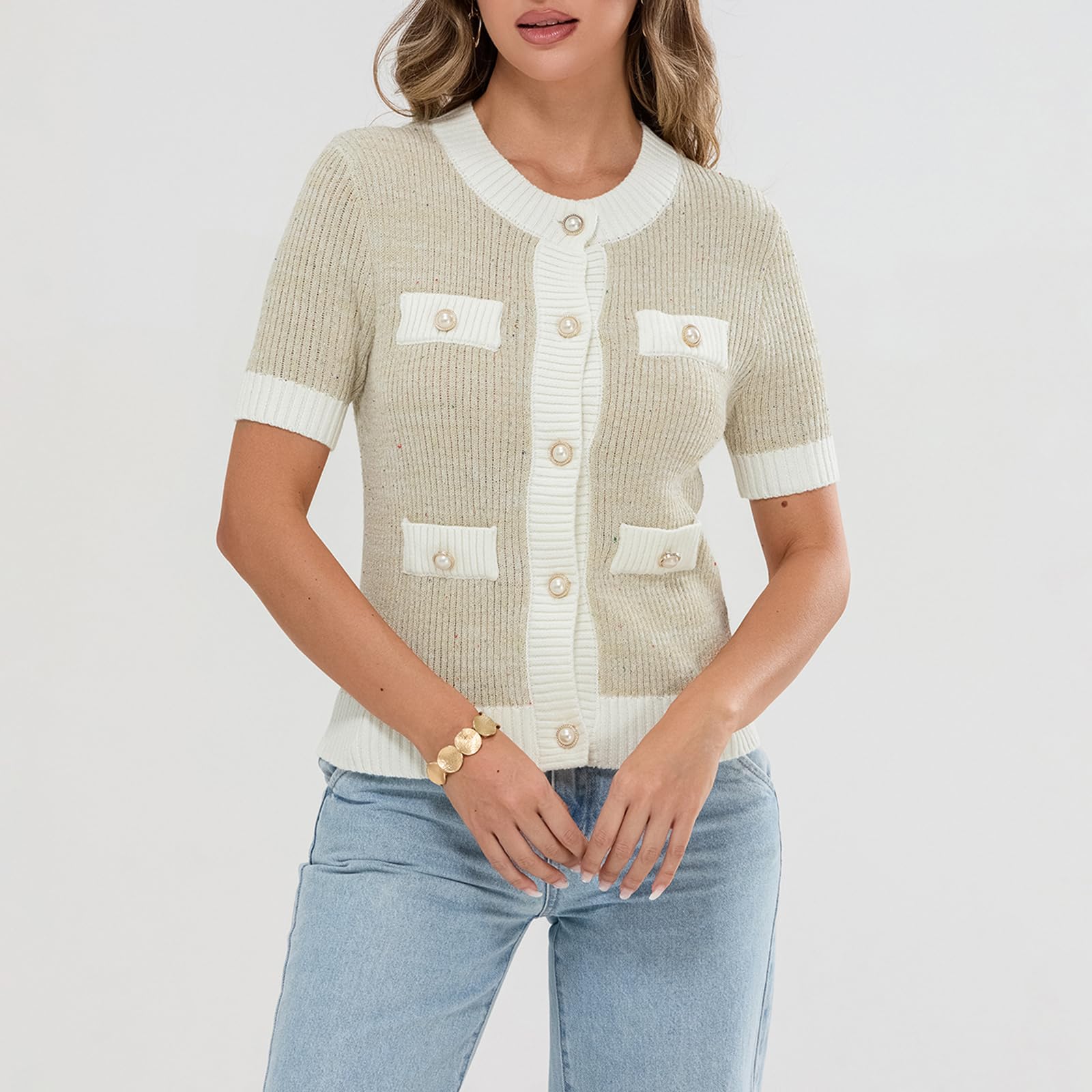 Women's Lightweight Cropped Short Sleeve Button Down Cardigan Sweater - Elegant Crew Neck Knit Top with Pockets | Perfect for Office Wear, Spring Layering & Casual Outfits