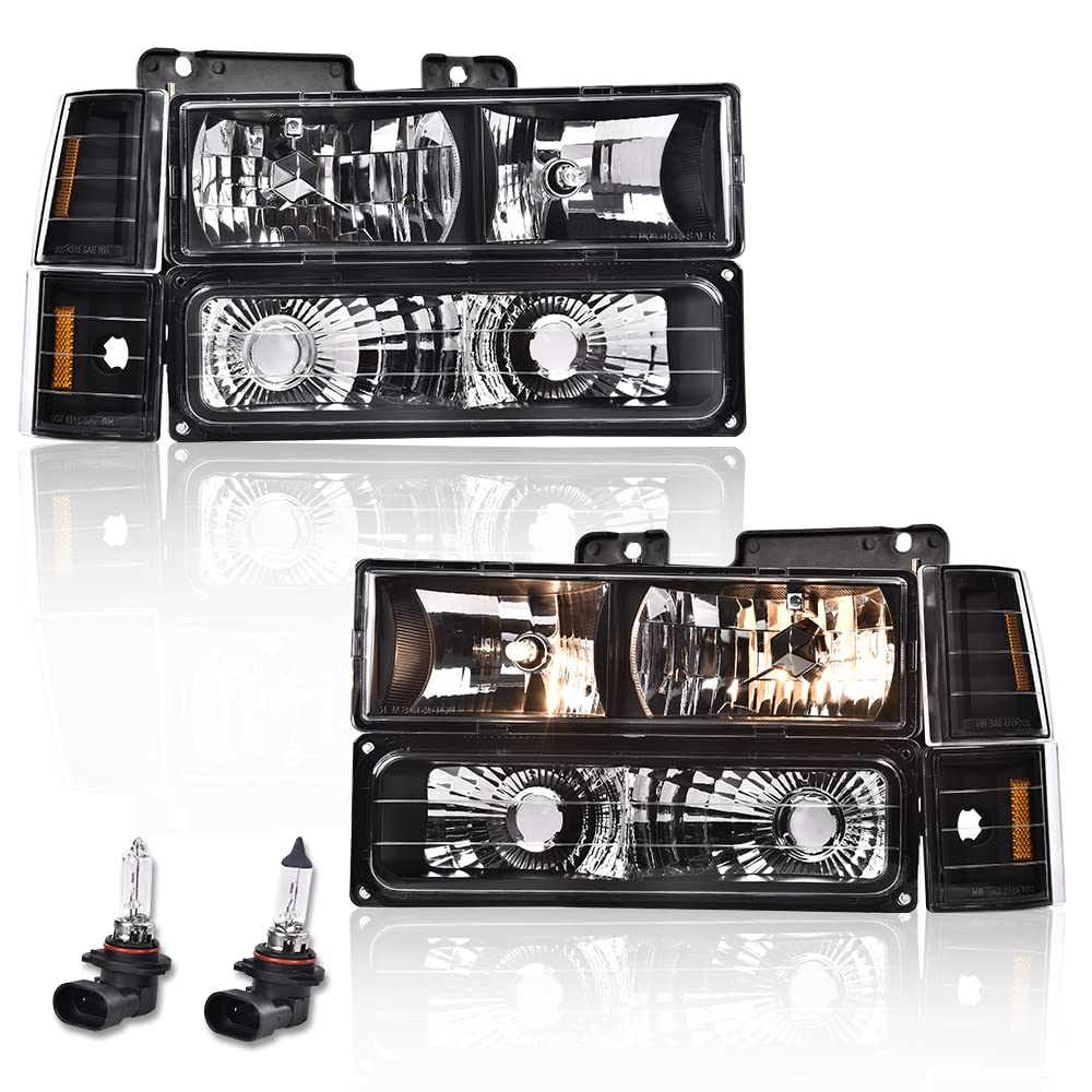 PIT66 Headlight Assembly for 1994-1998 Chevy C10 C/K 1500 2500 3500 & 94-99 Chevy Tahoe Suburban - Clear Lens with Amber Reflector, Turn Signal & Bumper Lights - Perfect for Night Driving, Off-Roading & Vehicle Restoration