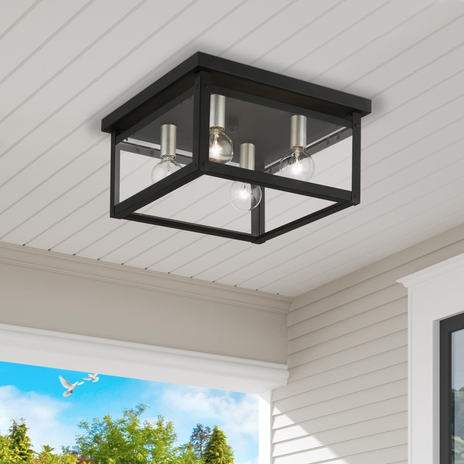 Livex Lighting 4032-04 Milford Square Flush Mount Ceiling Light Fixture - Black with Brushed Nickel Finish Candles - Perfect for Dining Room, Bedroom or Hallway Lighting