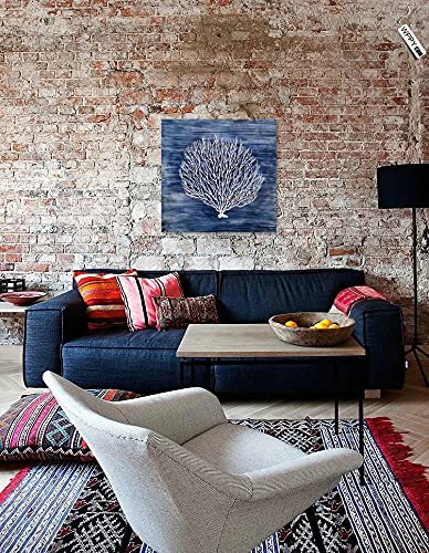Hand Painted Navy Blue Canvas Wall Art - White Coral Abstract Tree Painting | Coastal Modern Artwork for Bedroom, Living Room & Bathroom Decor | Perfect for Beach House, Office & Spa Interior Design