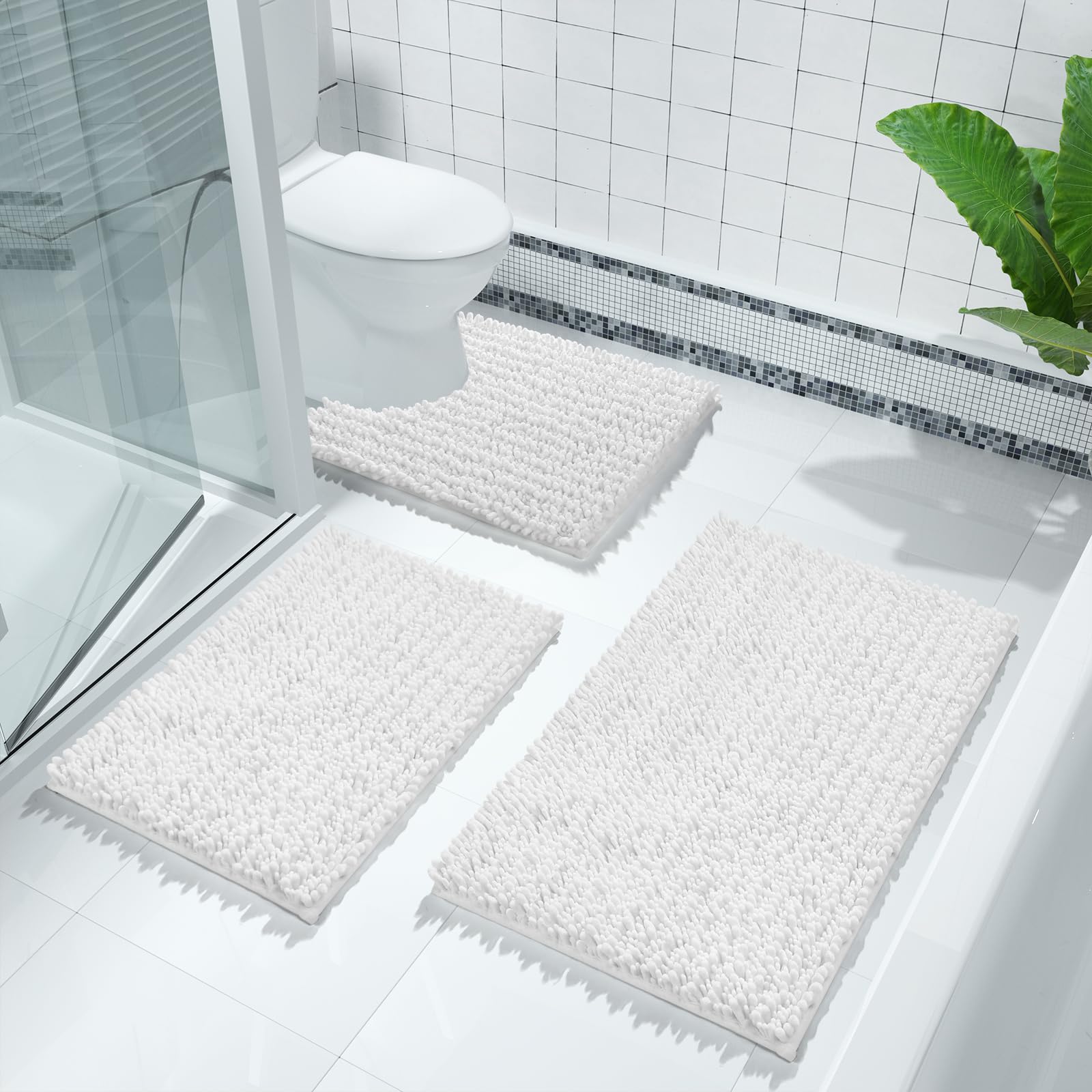 Yimobra Non-Slip Bathroom Rug Mat 44x24 Inches - Super Absorbent Quick Dry Machine Washable Bath Mat for Bathroom & Bedroom Floor - Soft Thick Modern Home Decor Accessories in Bright White - Perfect for Bathrooms, Showers and Vanity Areas