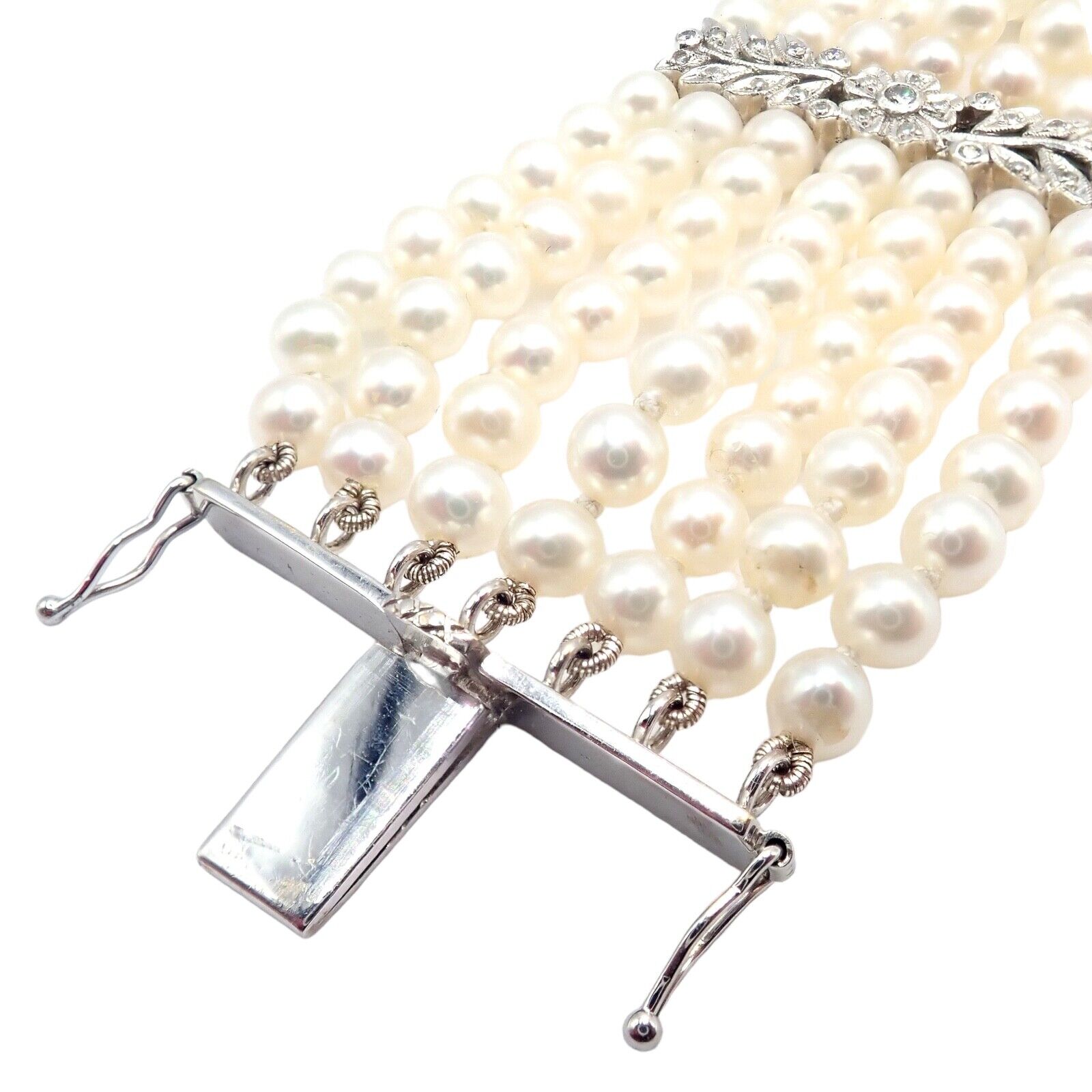 Vintage 18k White Gold Diamond & Pearl Bracelet - 7 Rows 4.5mm Pearls, Elegant Estate Jewelry for Women - Perfect for Weddings, Anniversaries & Special Occasions