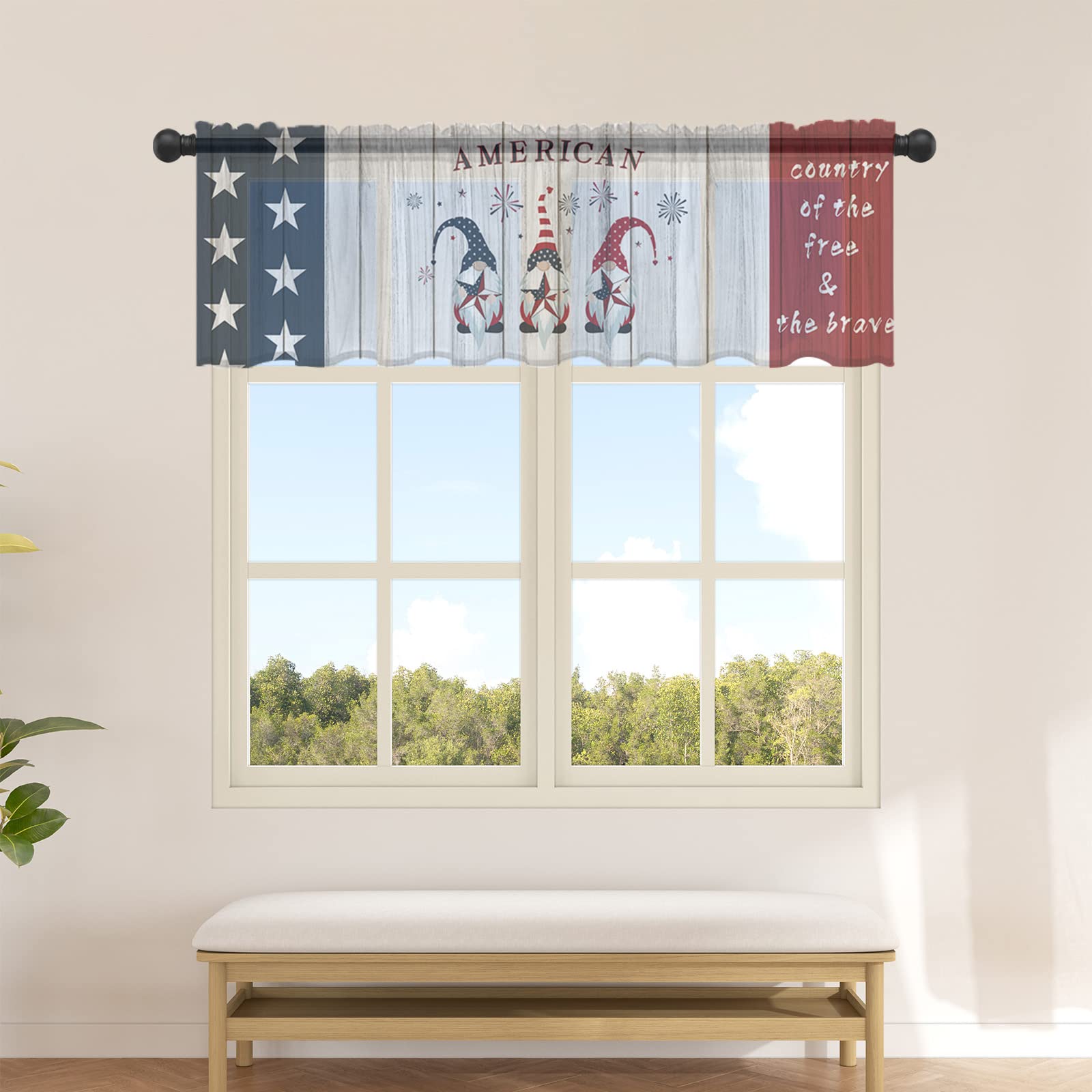 Independence Day Kitchen Valance Curtains - Patriotic Gnome with Gold Stars & Stripes Hat, Rod Pocket Semi-Sheer Voile Drapes for Small Windows - Farmhouse Retro Plank Style - Perfect for Dining Room & Living Room Decor