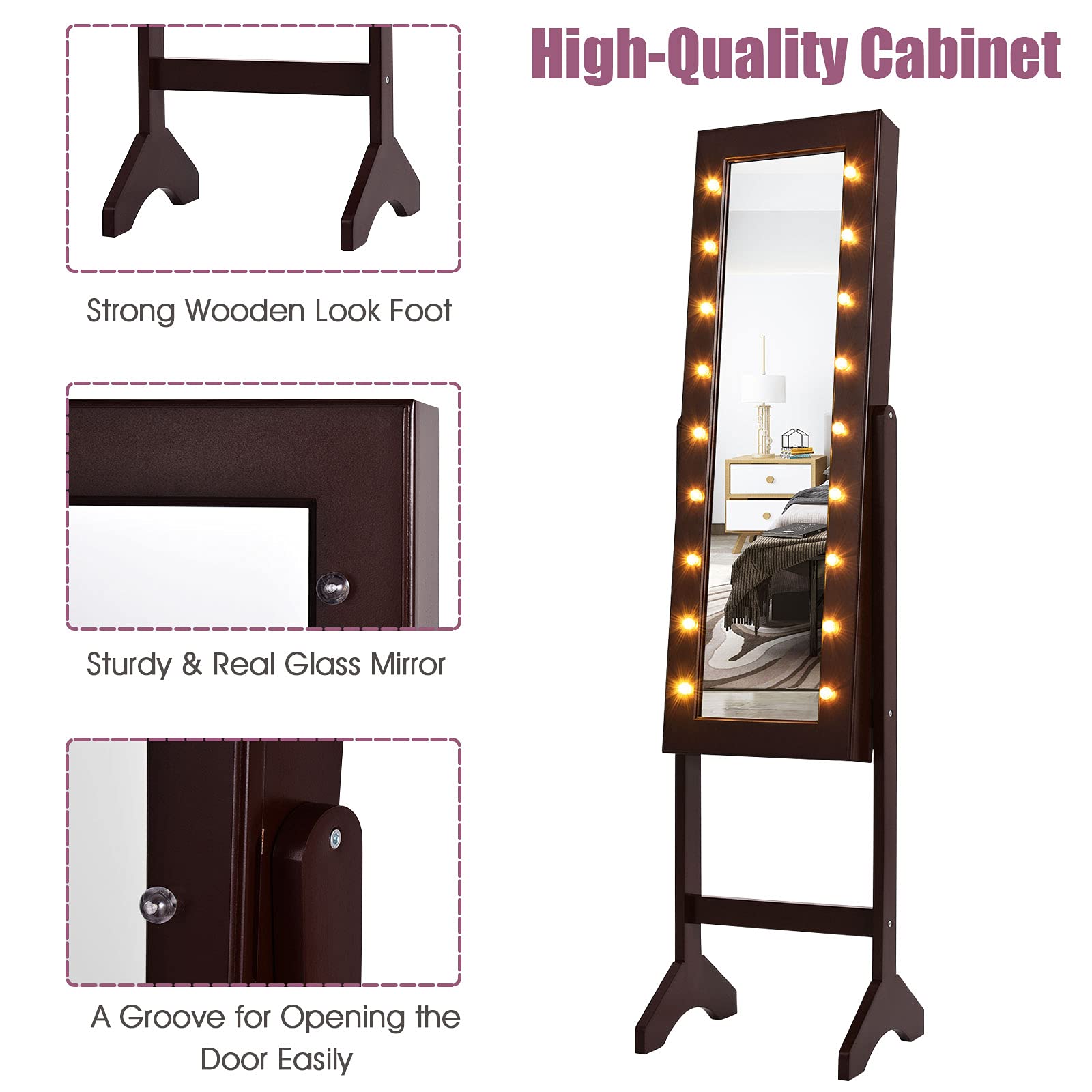LDAILY Standing Jewelry Armoire with 18 LED Lights - Full Length Mirror Jewelry Cabinet Organizer for Necklaces, Earrings & Accessories - Large Storage Jewelry Stand for Women & Girls (Brown) - Perfect for Bedroom, Dressing Room & Closet Organization