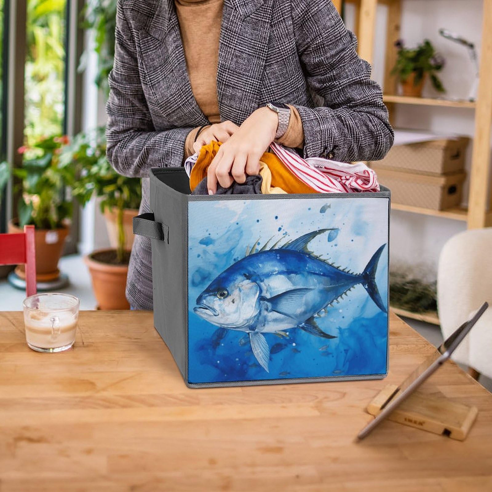 6-Piece Collapsible Storage Bins with Handles - Blue Fish Print Foldable Organizing Baskets for Shelves, Closet, Bathroom & Kids Room | Multi-Purpose Storage Containers for Home Organization