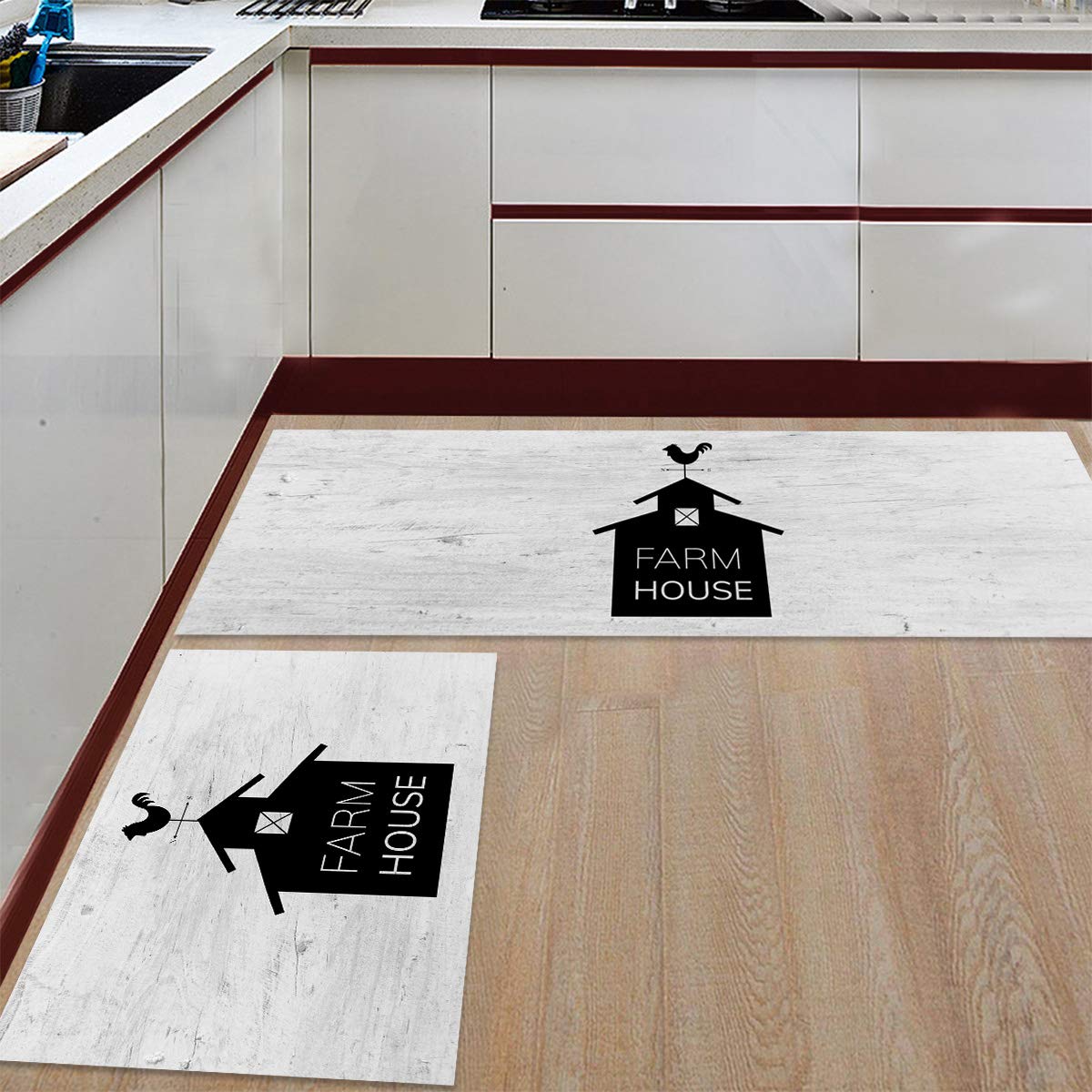 Non-Slip Kitchen Mat Set with Rubber Backing - Absorbent Vintage Farmhouse Doormat Runner Rug for Kitchen, Laundry & Bedside - TAKEMEHOME 2-Piece Floor Mats (Chicken On The Housetop Design) - Perfect for High-Traffic Areas and Spill Protection