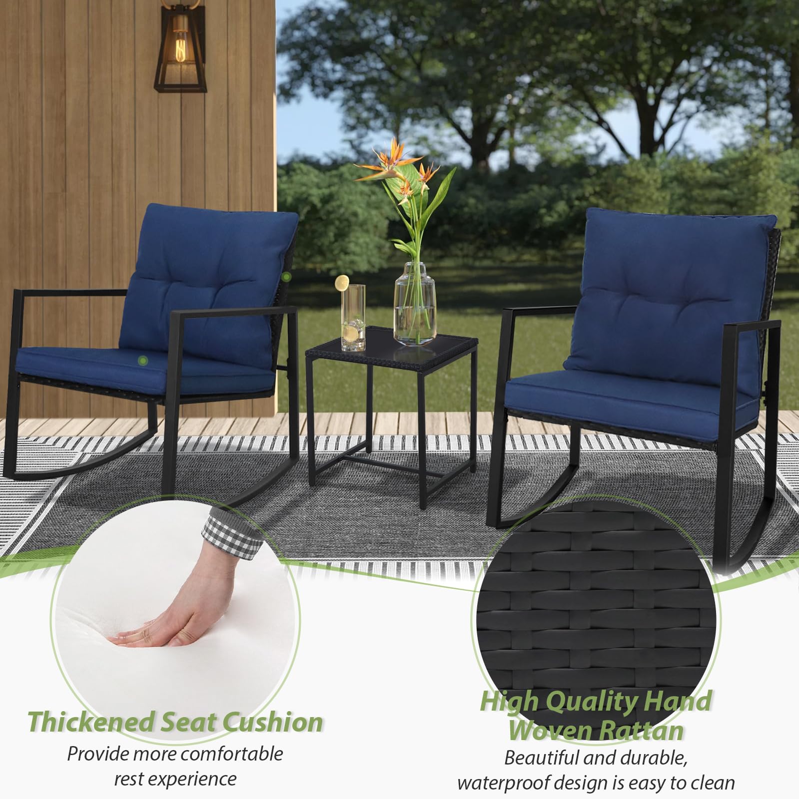 SUNCROWN 3-Piece Outdoor Rocking Bistro Set - Black Wicker Patio Furniture with Glass Coffee Table, Dark Blue - Perfect for Porch, Garden, or Backyard Relaxation & Conversation