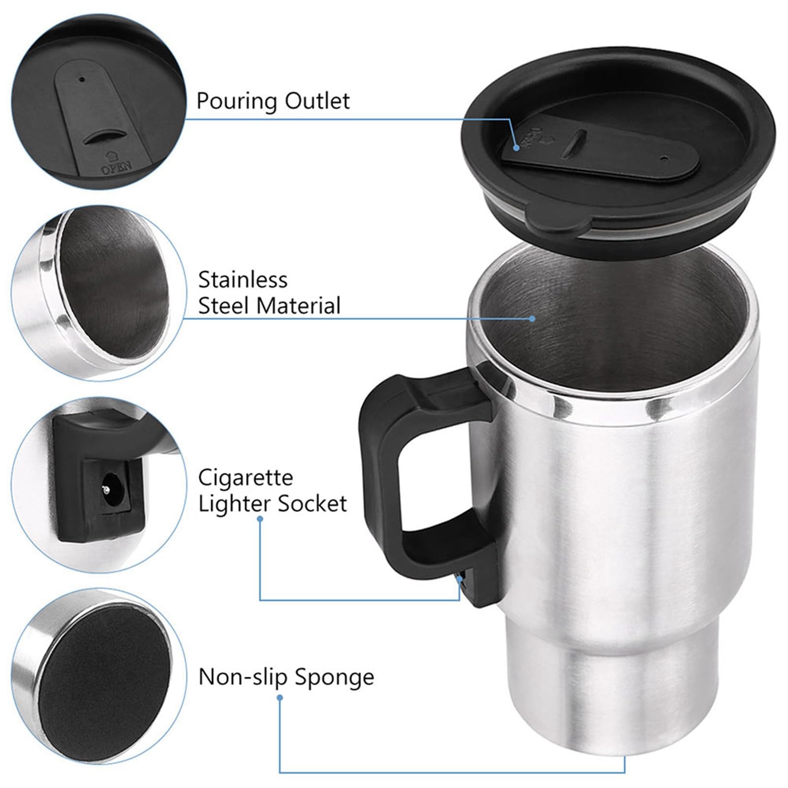 12V 450ml Stainless Steel Car Heating Cup - Electric Travel Mug with Cigarette Lighter Plug for Coffee, Tea & Milk | Portable Heated Water Kettle for Road Trips, Commuting & Camping
