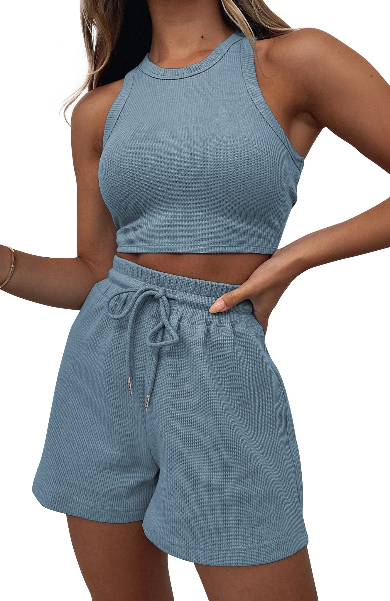 Lingswallow 2 Piece Women's Lounge Set - Sleeveless Crop Top & Waffle Knit Shorts | Comfortable Tracksuit for Yoga, Sleep & Home Relaxation | Women's Sweatsuit Outfit