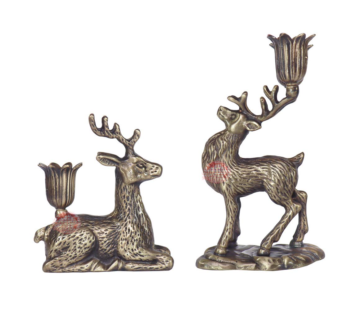 Brass Christmas Reindeer Candle Holders - Set of 2, Elegant Deer Candlestick Holders for Mantel, Table, Window or Fireplace Decor, Perfect Holiday Season Home Decoration & Gift Idea for Christmas
