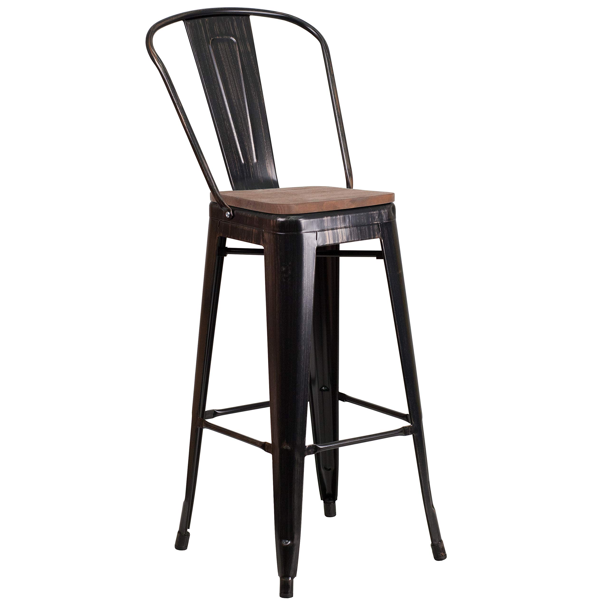 EMMA + OLIVER 30 Inch Black and Antique Gold Metal Bar Stool with Backrest and Wooden Seat - Perfect for Kitchen Islands, Home Bars, and Dining Counter Height Tables