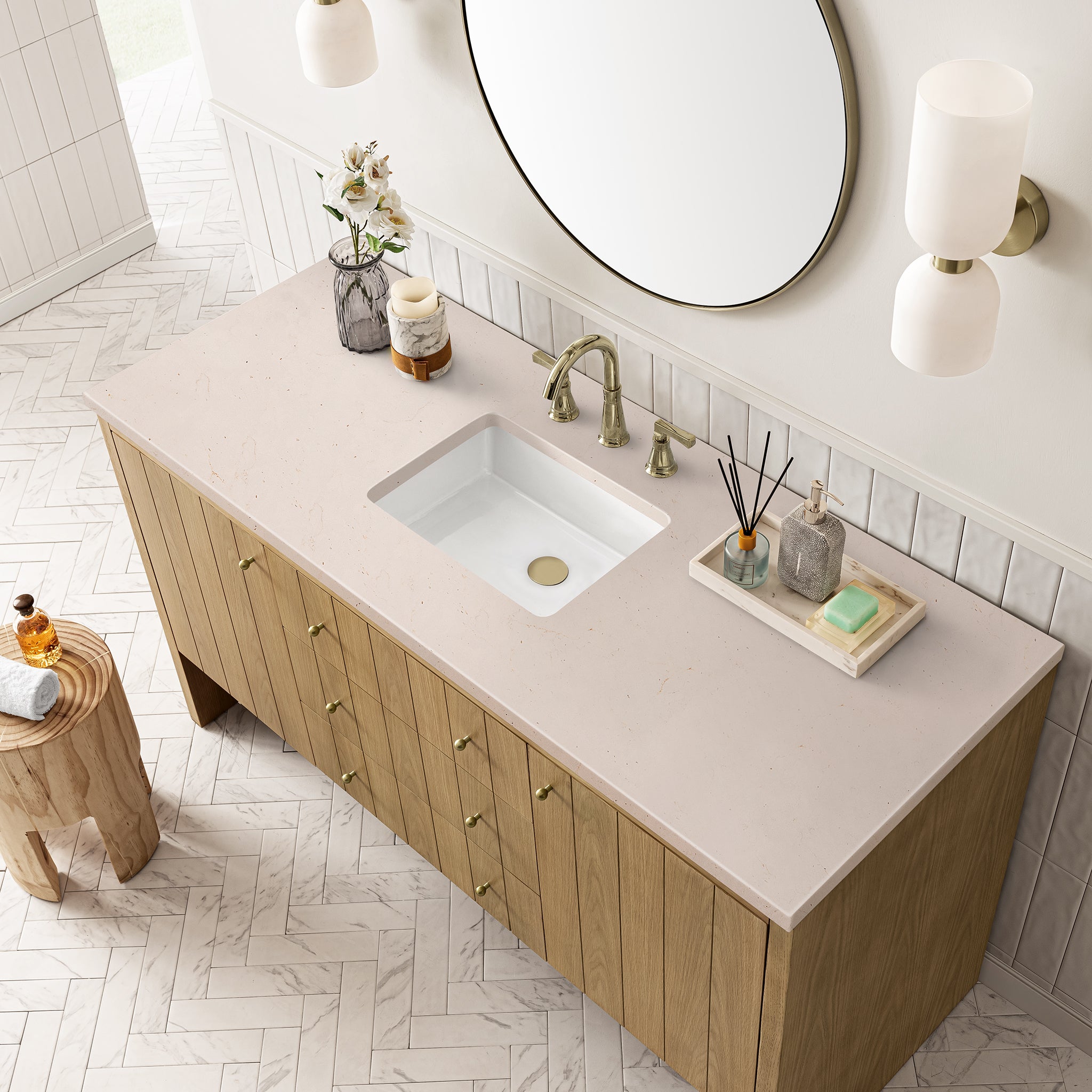 Hudson 60 Inch Single Bathroom Vanity in Light Natural Oak with 3CM Eternal Marfil Stone Top - Perfect for Modern Master Bathrooms & Powder Rooms