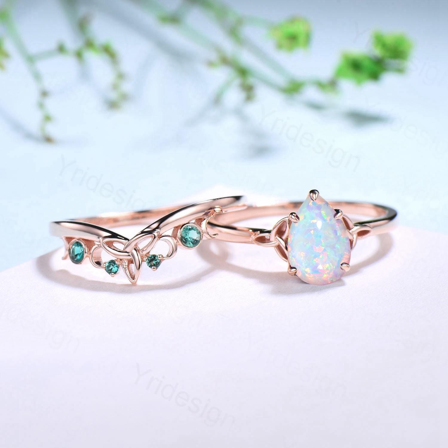Celtic Knot White Opal Bridal Ring Set - 6x9mm Pear Shaped Fire Opal Engagement Ring with Emerald Stacking Band - Perfect for Weddings, Anniversaries & Romantic Gifts