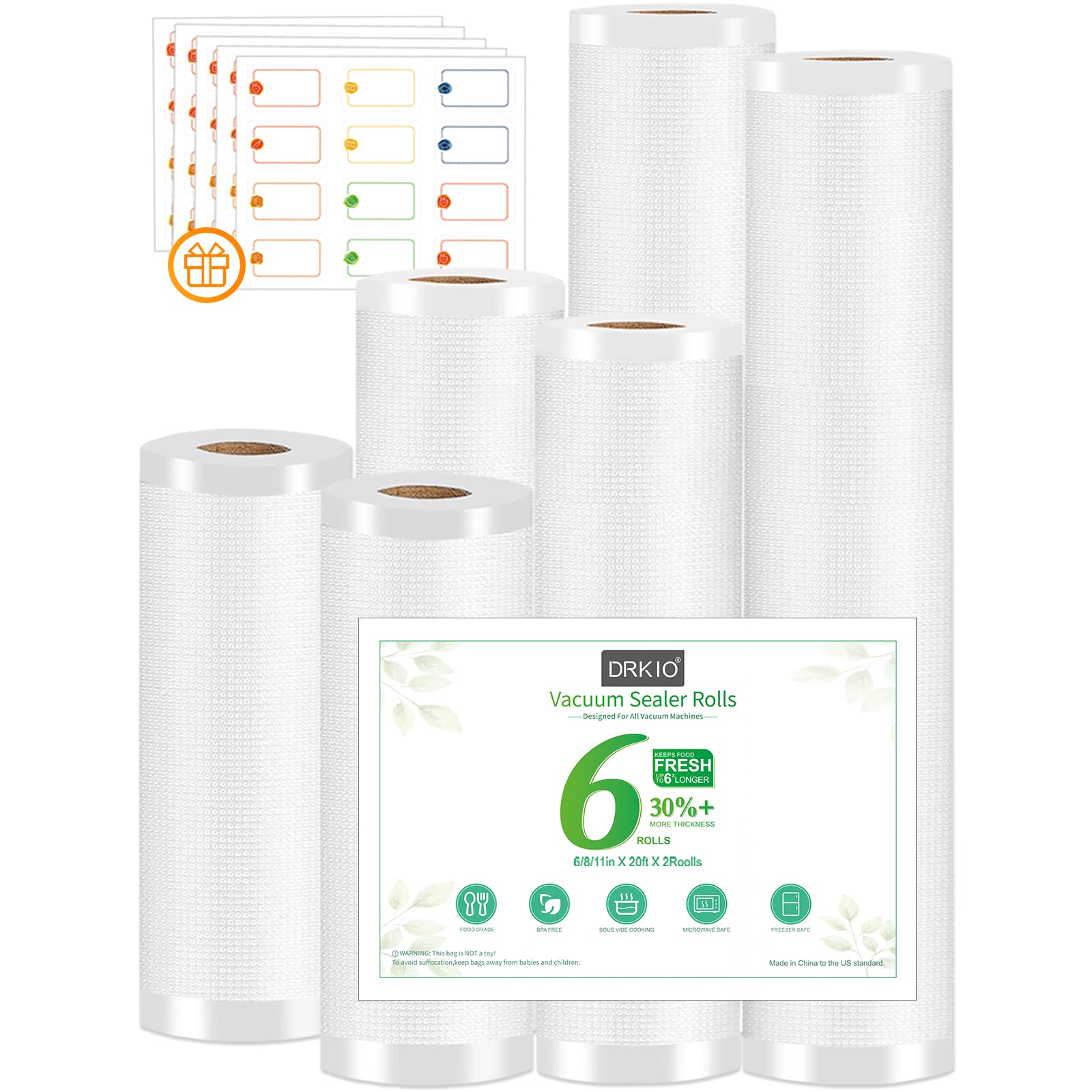 DRKIO Vacuum Sealer Bags 6 Pack - Heavy Duty Commercial Grade Food Saver Rolls (11